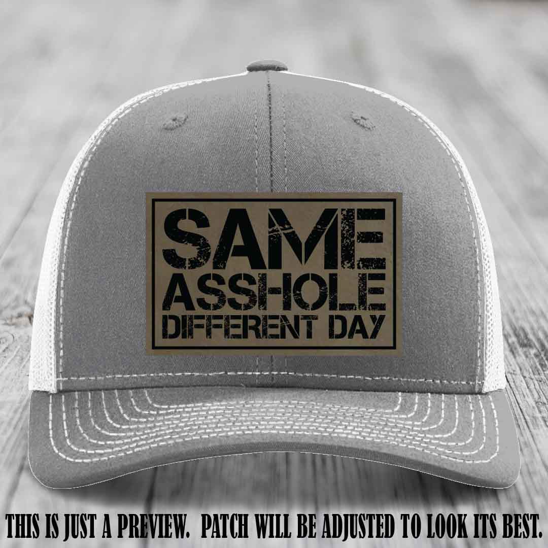 Same Asshole Different Day Light Brown to Black Patch on Heather Grey to White Hat - Richardson 112 Leather Patch Hat