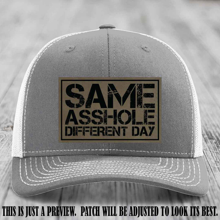 Same Asshole Different Day Light Brown to Black Patch on Heather Grey to White Hat - Richardson 112 Leather Patch Hat
