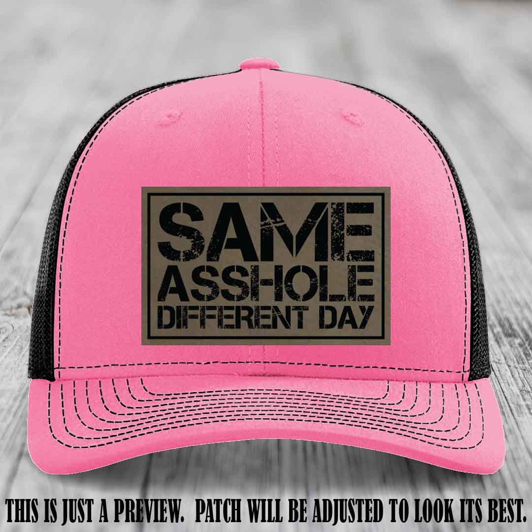 Same Asshole Different Day Light Brown to Black Patch on Hot Pink to Black Hat - Richardson 112 Leather Patch Hat