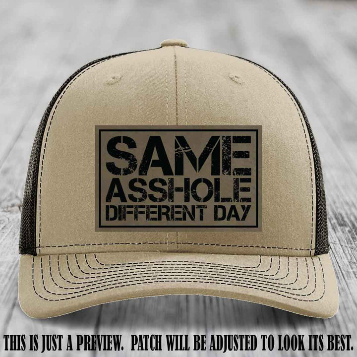 Same Asshole Different Day Light Brown to Black Patch on Khaki to Coffee Hat - Richardson 112 Leather Patch Hat