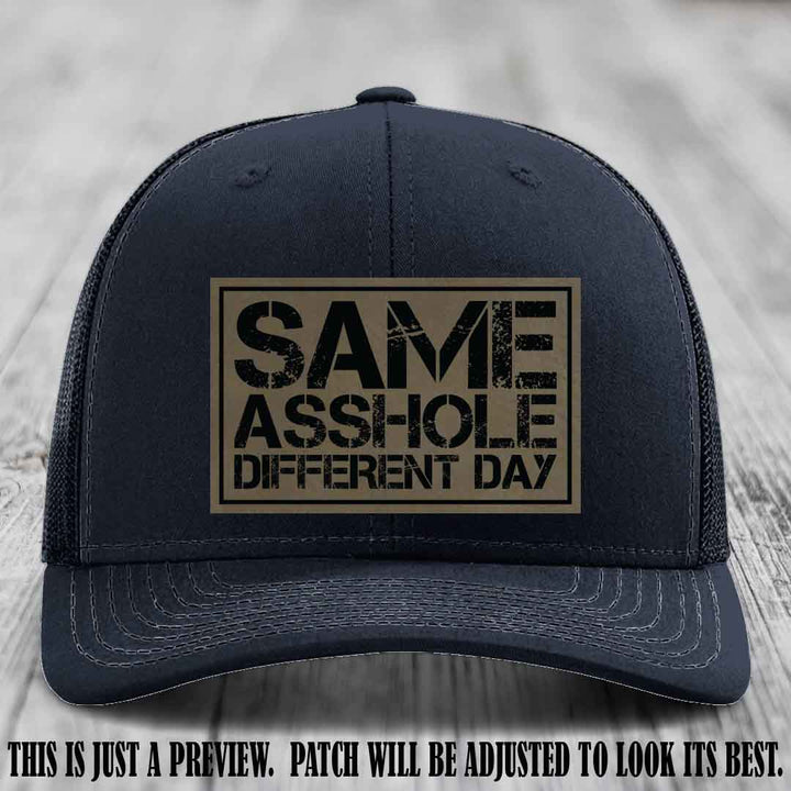 Same Asshole Different Day Light Brown to Black Patch on Navy Hat - Richardson 112 Leather Patch Hat