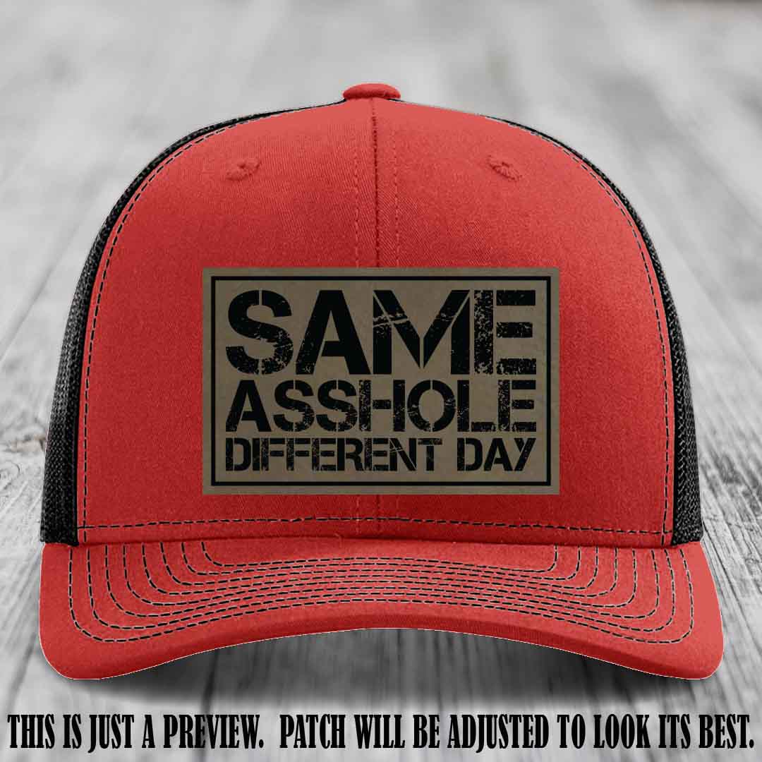 Same Asshole Different Day Light Brown to Black Patch on Red to Black Hat - Richardson 112 Leather Patch Hat