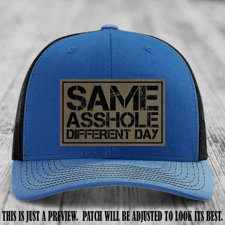 Same Asshole Different Day Light Brown to Black Patch on Royal to Black Hat - Richardson 112 Leather Patch Hat
