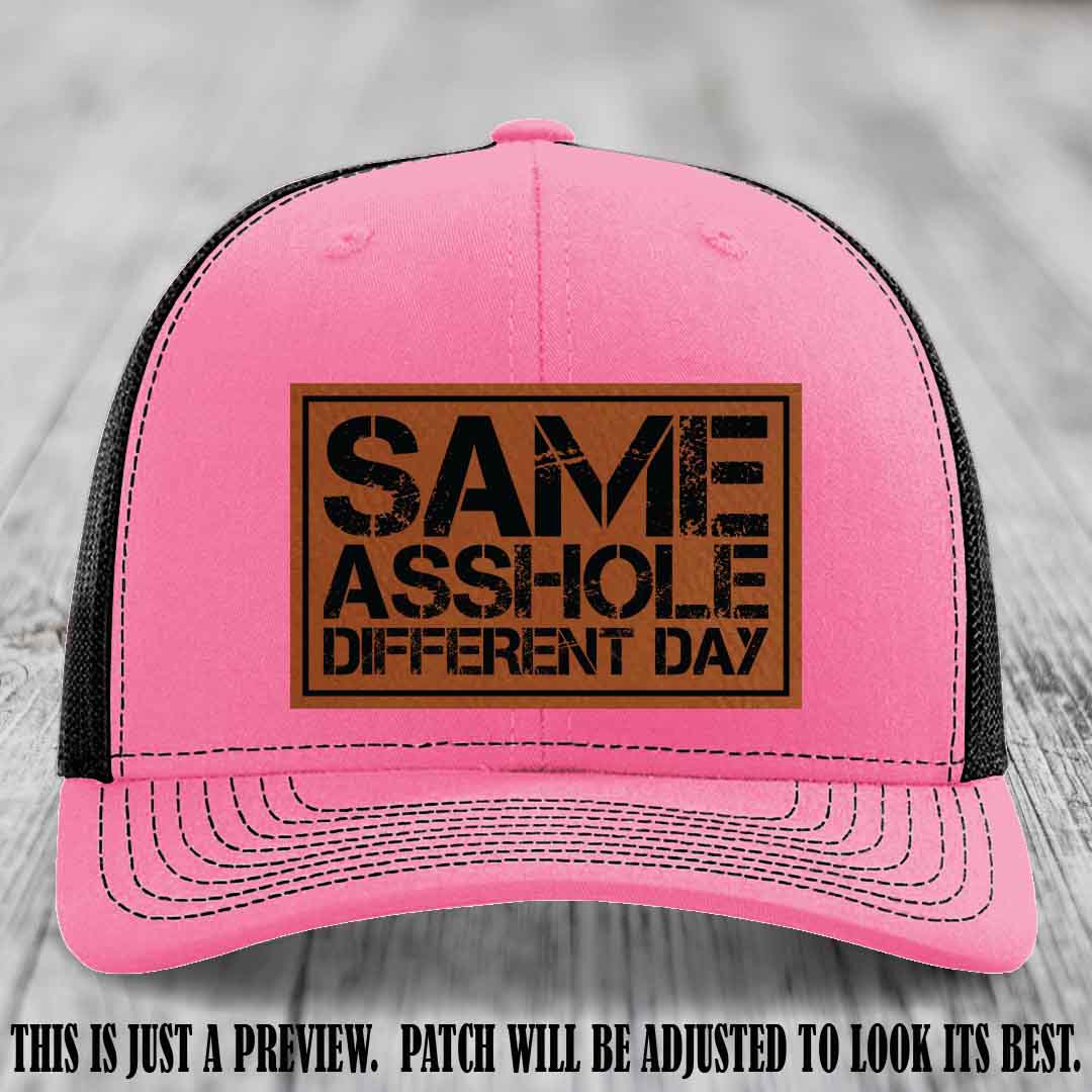 Same Asshole Different Day Rawhide to Black Patch on Hot Pink to Black Hat - Richardson 112 Leather Patch Hat