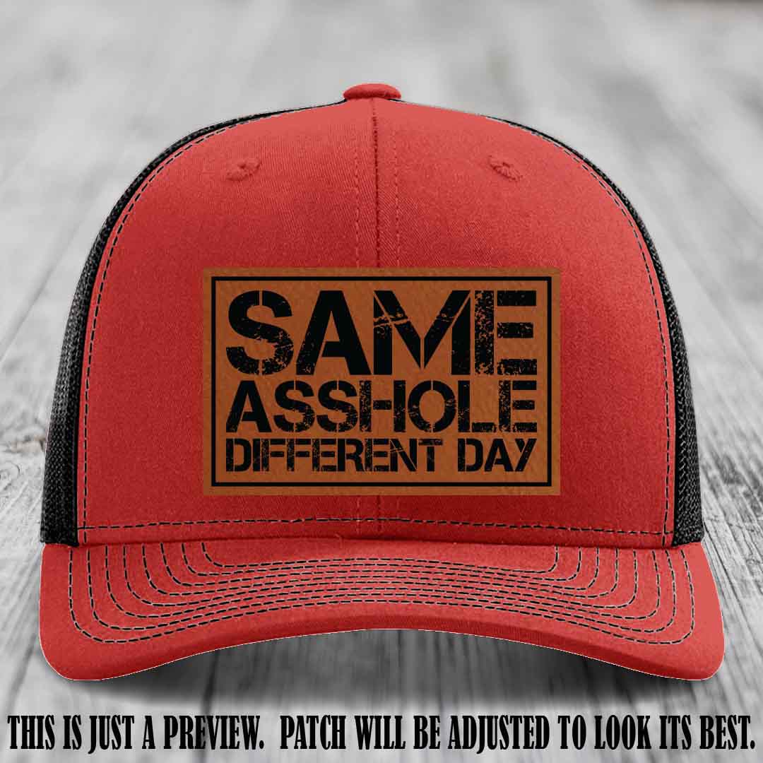 Same Asshole Different Day Rawhide to Black Patch on Red to Black Hat - Richardson 112 Leather Patch Hat