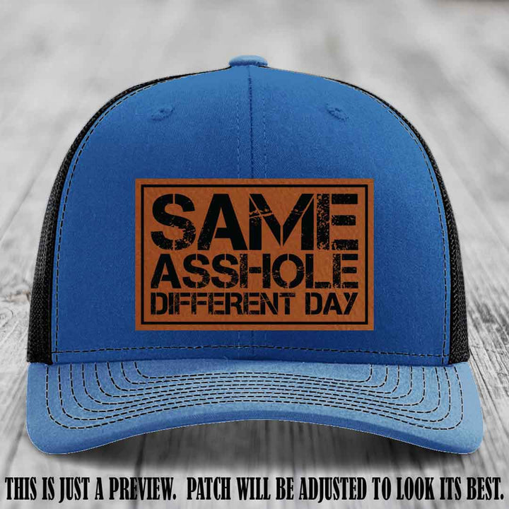 Same Asshole Different Day Rawhide to Black Patch on Royal to Black Hat - Richardson 112 Leather Patch Hat