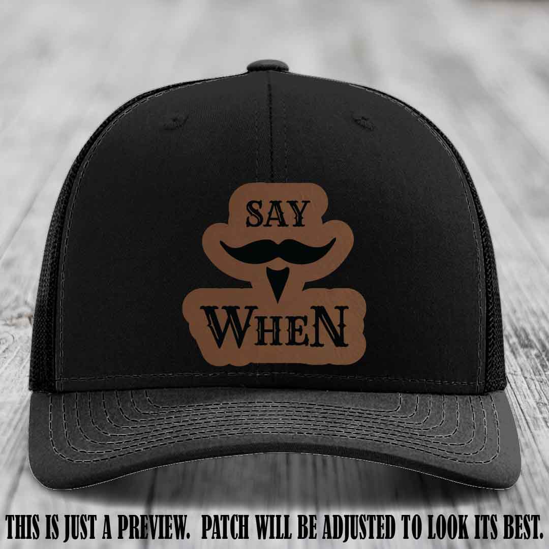 Say When 😏 Dark Brown to Black Patch Leather Patch Hat on Black Hat