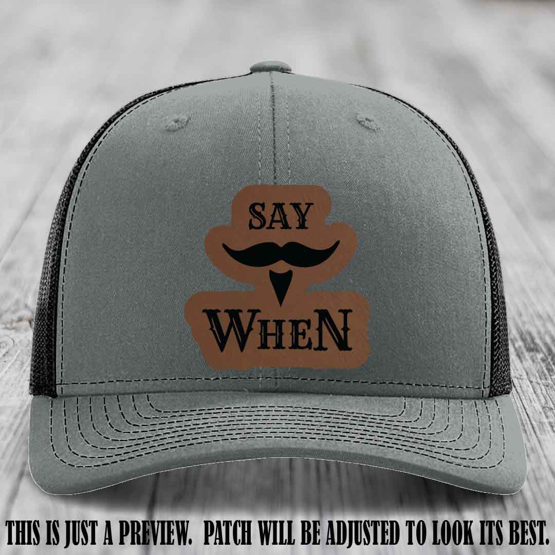 Say When 😏 Dark Brown to Black Patch Leather Patch Hat on Heather Grey to Black Hat