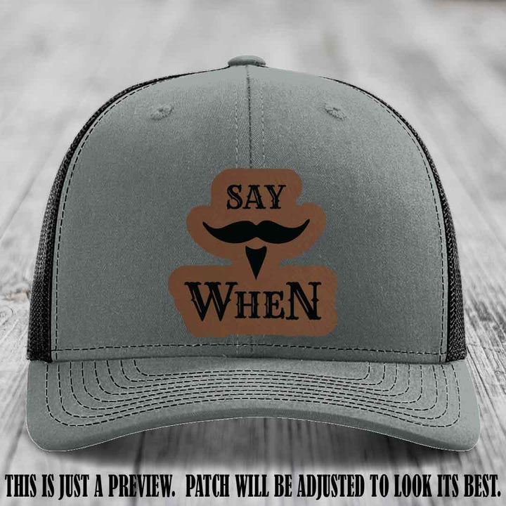 Say When 😏 Dark Brown to Black Patch Leather Patch Hat on Heather Grey to Black Hat