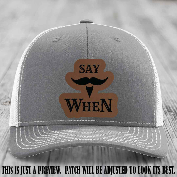 Say When 😏 Dark Brown to Black Patch Leather Patch Hat on Heather Grey to White Hat