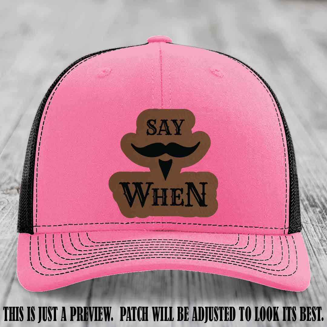 Say When 😏 Dark Brown to Black Patch Leather Patch Hat on Hot Pink to Black Hat