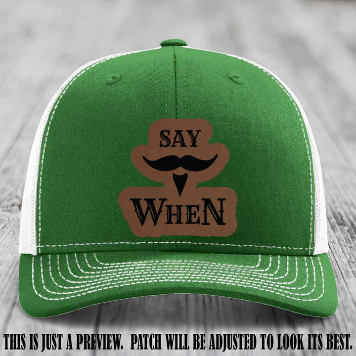 Say When 😏 Dark Brown to Black Patch Leather Patch Hat on Kelly to White Hat