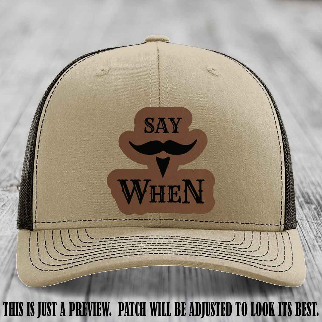 Say When 😏 Dark Brown to Black Patch Leather Patch Hat on Khaki to Coffee Hat