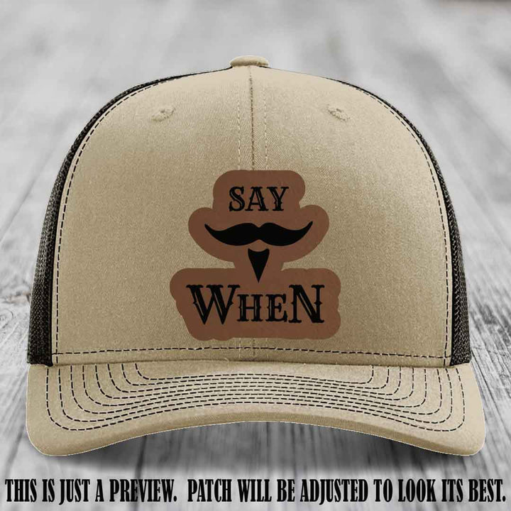 Say When 😏 Dark Brown to Black Patch Leather Patch Hat on Khaki to Coffee Hat