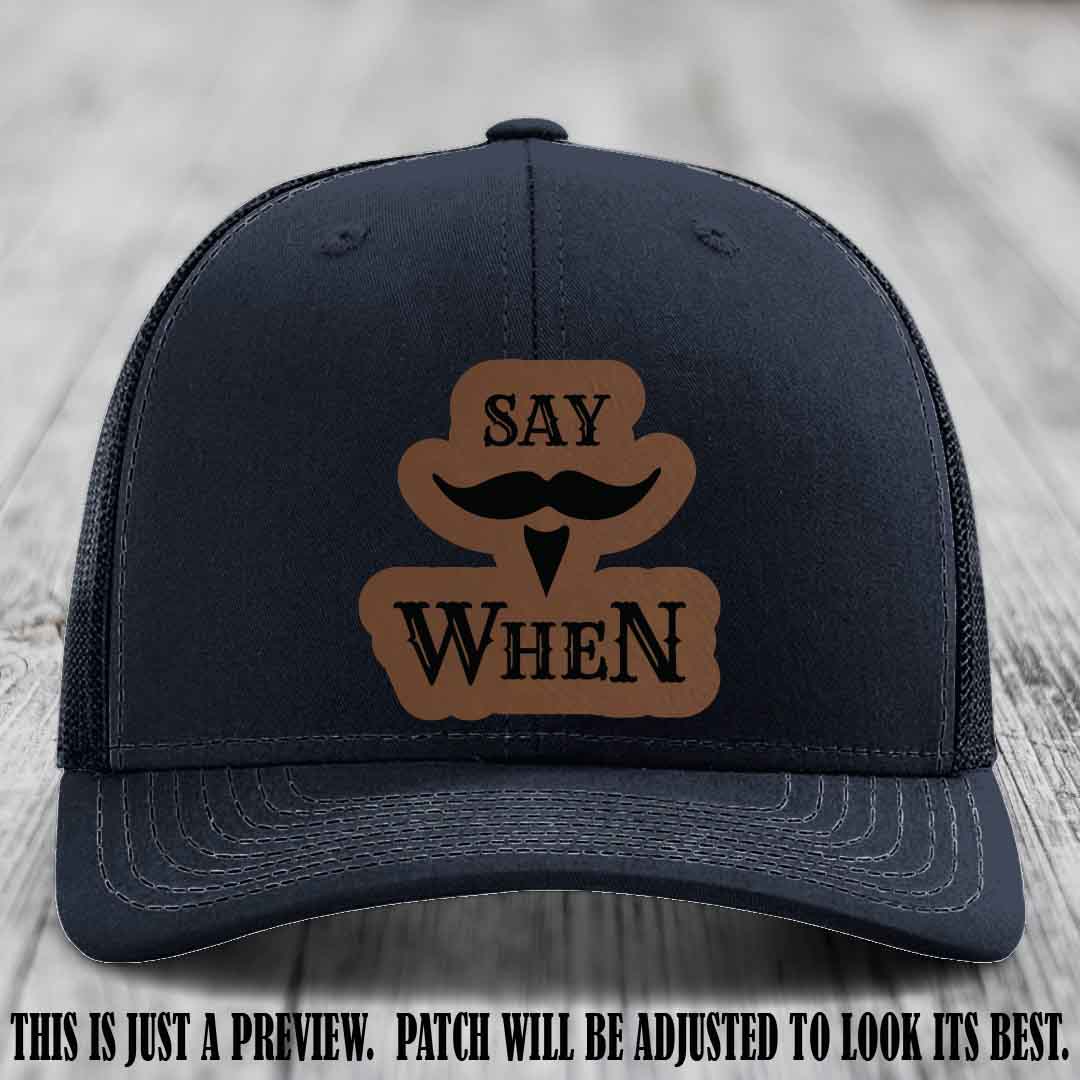 Say When 😏 Dark Brown to Black Patch Leather Patch Hat on Navy Hat