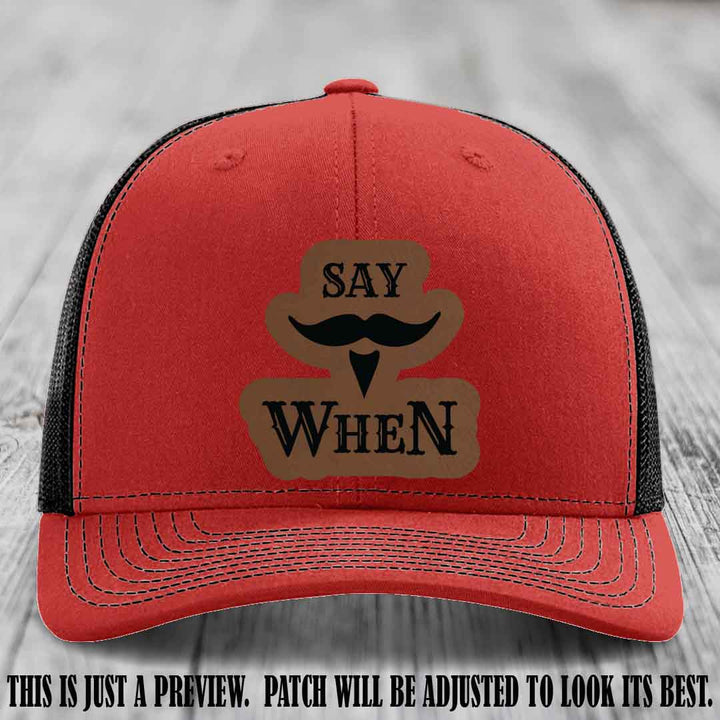 Say When 😏 Dark Brown to Black Patch Leather Patch Hat on Red to Black Hat