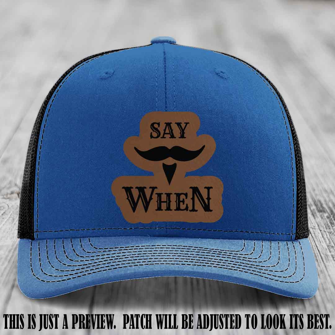 Say When 😏 Dark Brown to Black Patch Leather Patch Hat on Royal to Black Hat