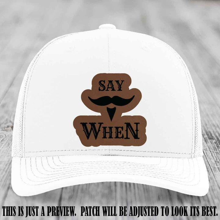Say When 😏 Dark Brown to Black Patch Leather Patch Hat on White Hat