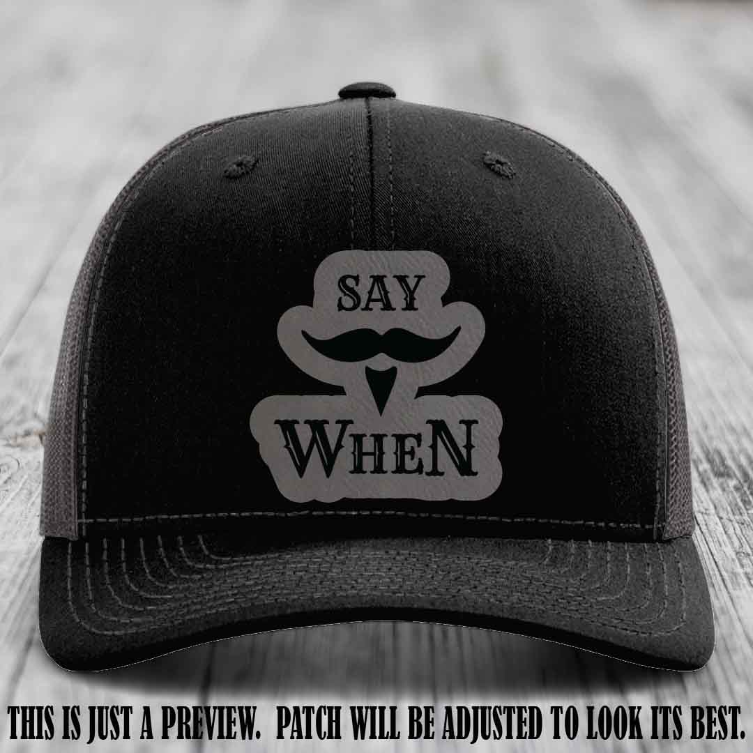 Say When 😈 Grey to Black Patch Leather Patch Hat on Black to Charcoal Hat