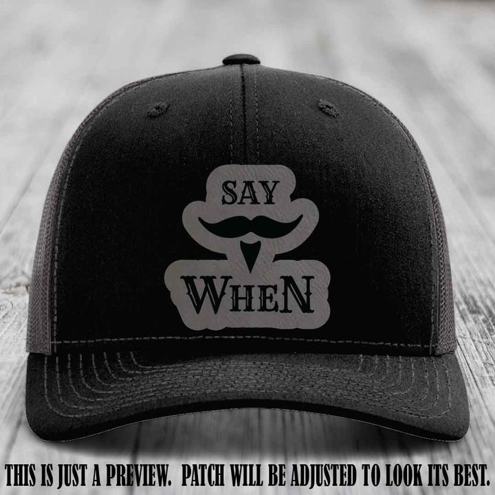 Say When 😈 Grey to Black Patch Leather Patch Hat on Black to Charcoal Hat
