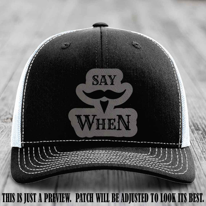 Say When 😈 Grey to Black Patch Leather Patch Hat on Black to White Hat
