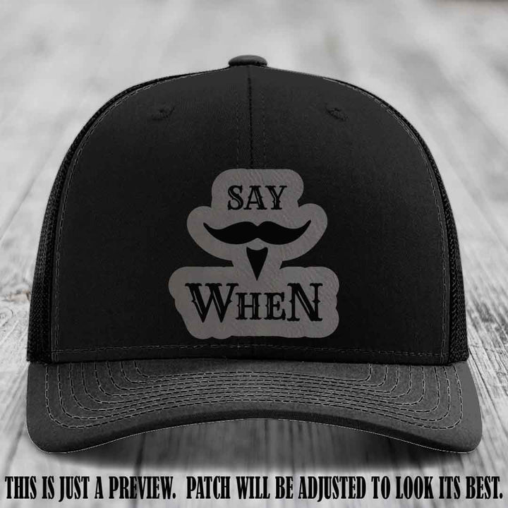 Say When 😈 Grey to Black Patch Leather Patch Hat on Black Hat