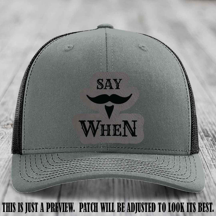 Say When 😈 Grey to Black Patch Leather Patch Hat on Heather Grey to Black Hat