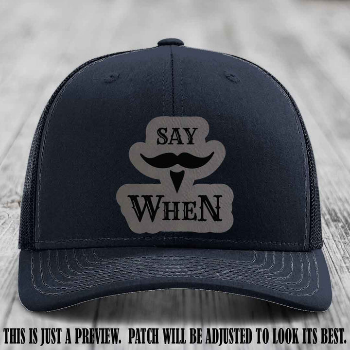 Say When 😈 Grey to Black Patch Leather Patch Hat on Navy Hat