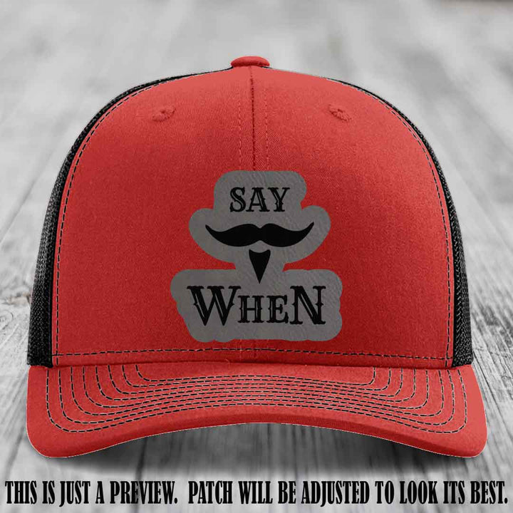 Say When 😈 Grey to Black Patch Leather Patch Hat on Red to Black Hat