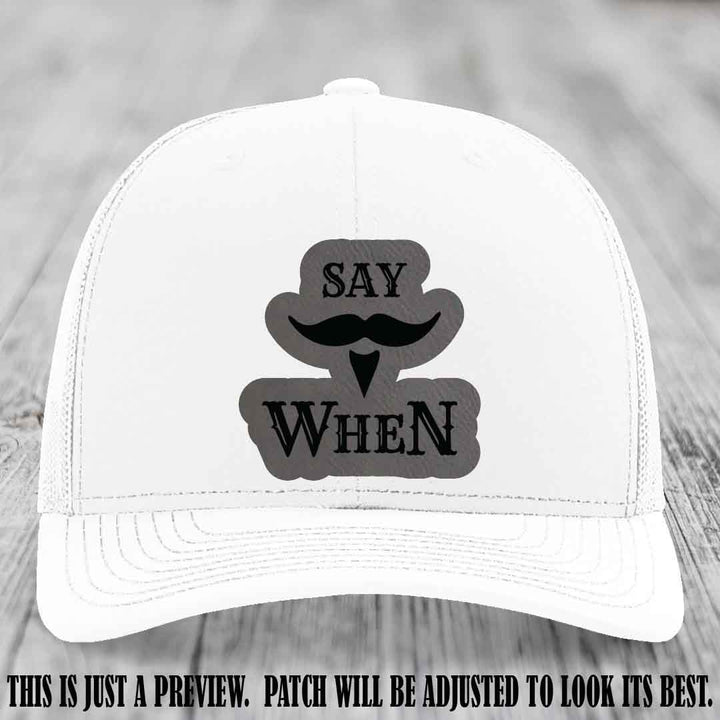Say When 😈 Grey to Black Patch Leather Patch Hat on White Hat