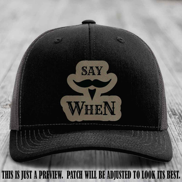 Say When 🔥 Light Brown to Black Patch Leather Patch Hat on Black to Charcoal Hat