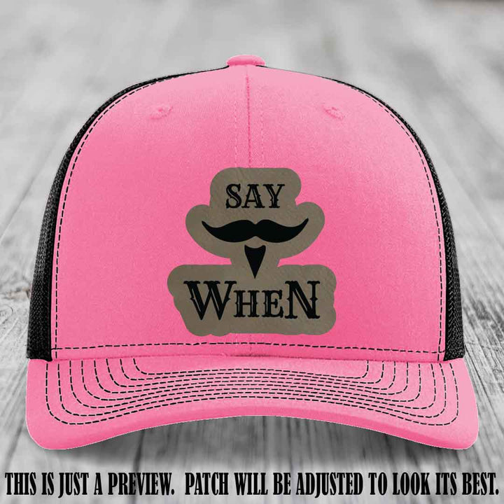 Say When 🔥 Light Brown to Black Patch Leather Patch Hat on Hot Pink to Black Hat