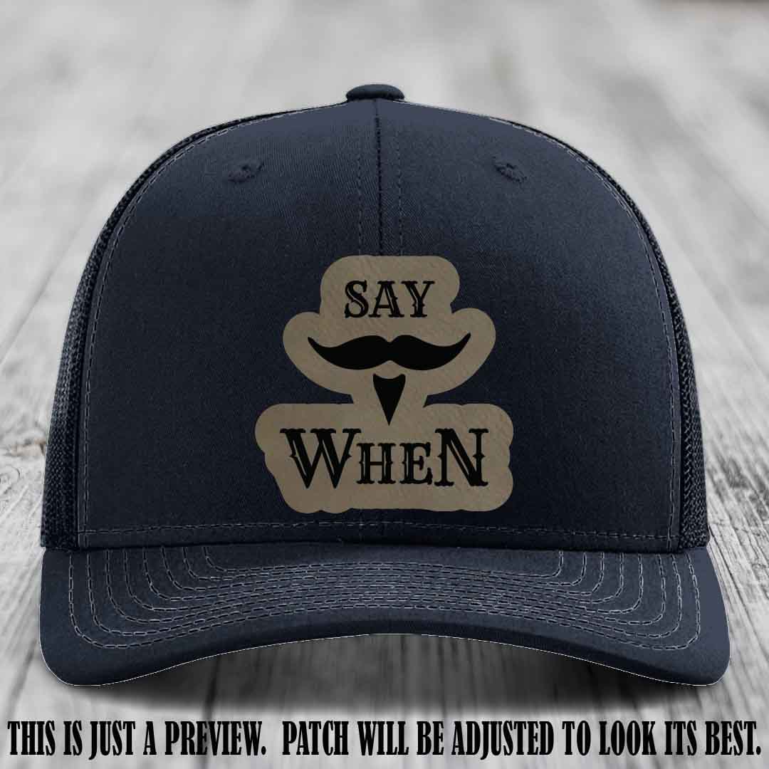 Say When 🔥 Light Brown to Black Patch Leather Patch Hat on Navy Hat