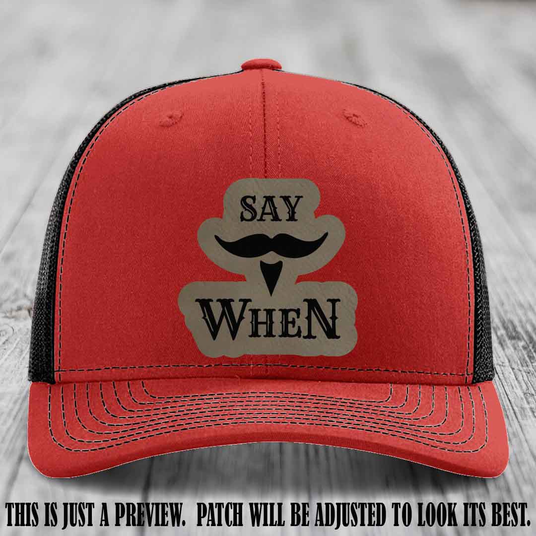 Say When 🔥 Light Brown to Black Patch Leather Patch Hat on Red to Black Hat