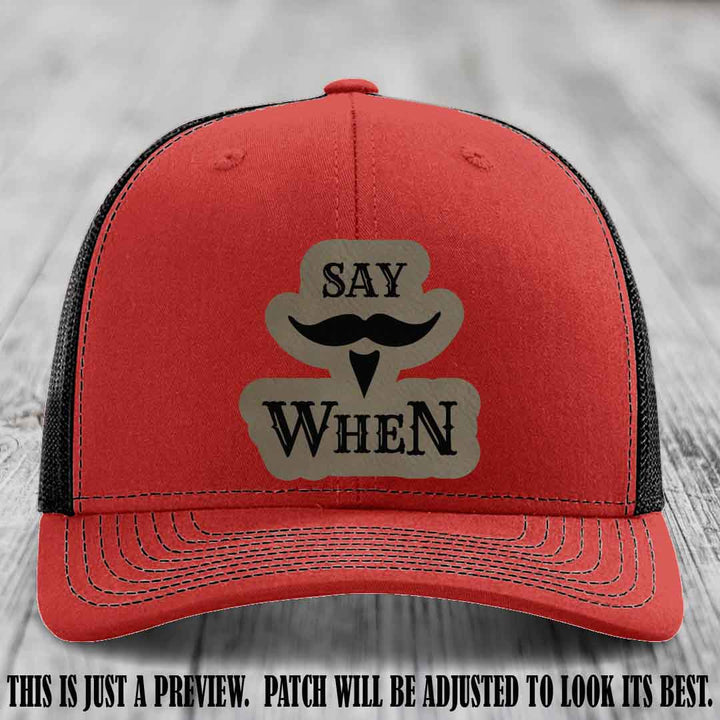 Say When 🔥 Light Brown to Black Patch Leather Patch Hat on Red to Black Hat
