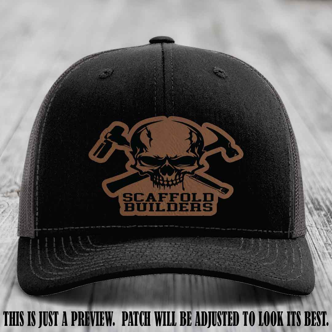 Scaffold Builders Dark Brown to Black Patch on Black to Charcoal Hat - Custom Richardson 112 Leather Patch Hat