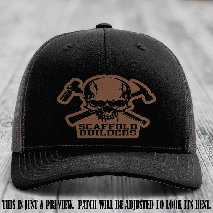 Scaffold Builders Dark Brown to Black Patch on Black to Charcoal Hat - Custom Richardson 112 Leather Patch Hat