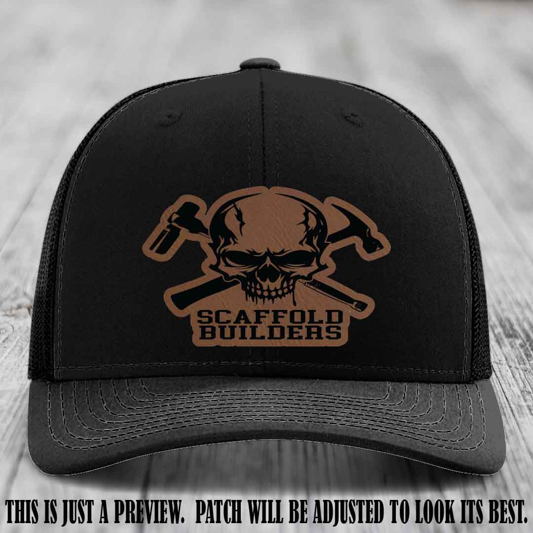 Scaffold Builders Dark Brown to Black Patch on Black Hat - Custom Richardson 112 Leather Patch Hat
