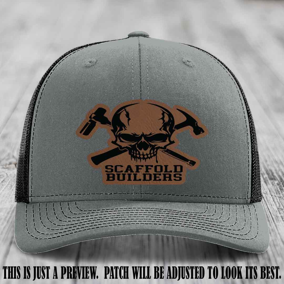 Scaffold Builders Dark Brown to Black Patch on Heather Grey to Black Hat - Custom Richardson 112 Leather Patch Hat