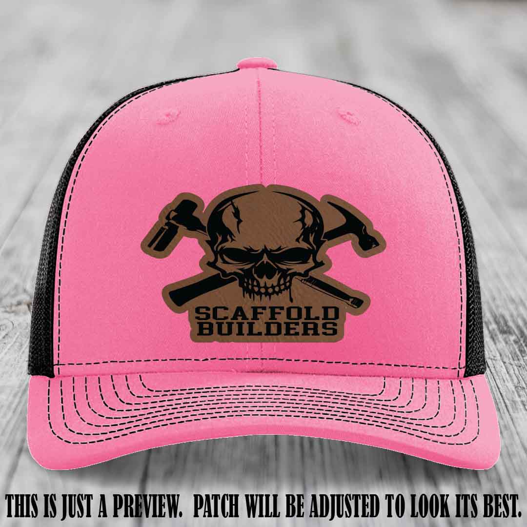 Scaffold Builders Dark Brown to Black Patch on Hot Pink to Black Hat - Custom Richardson 112 Leather Patch Hat