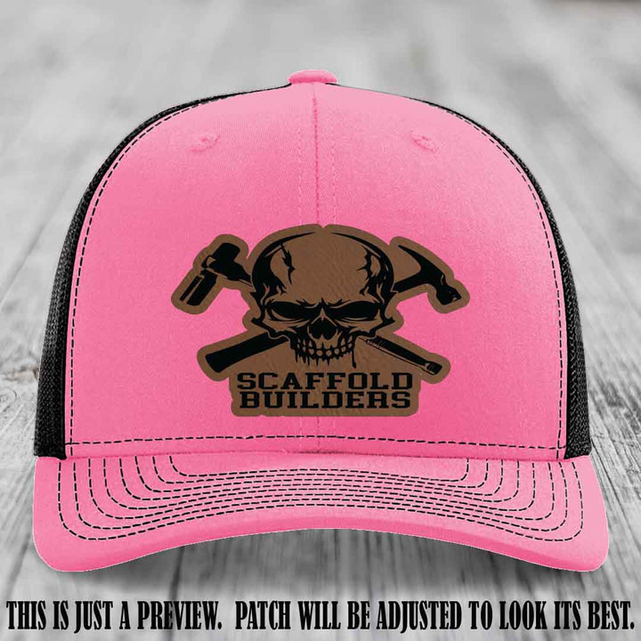 Scaffold Builders Dark Brown to Black Patch on Hot Pink to Black Hat - Custom Richardson 112 Leather Patch Hat