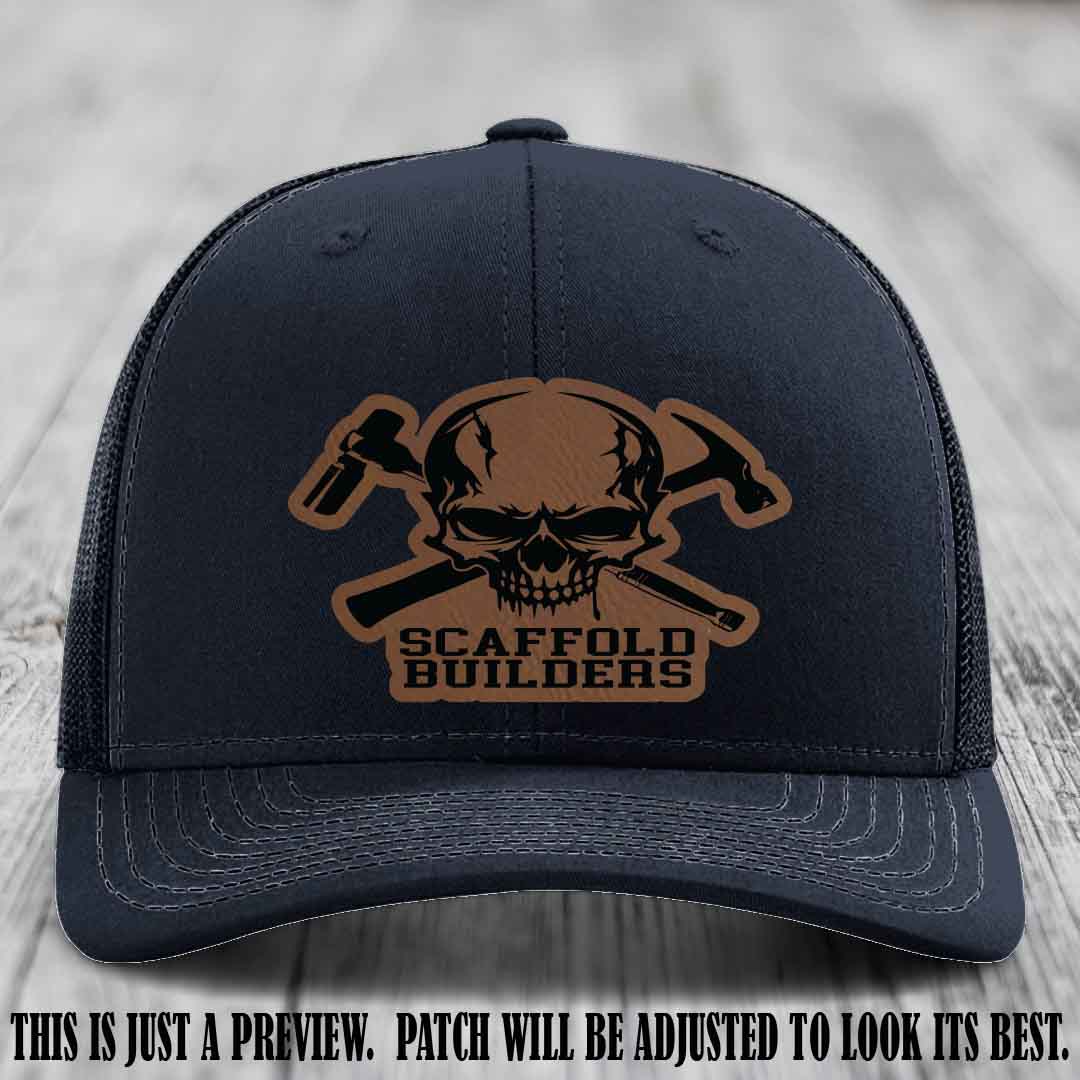 Scaffold Builders Dark Brown to Black Patch on Navy Hat - Custom Richardson 112 Leather Patch Hat