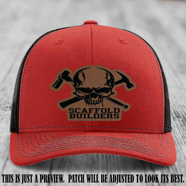 Scaffold Builders Dark Brown to Black Patch on Red to Black Hat - Custom Richardson 112 Leather Patch Hat