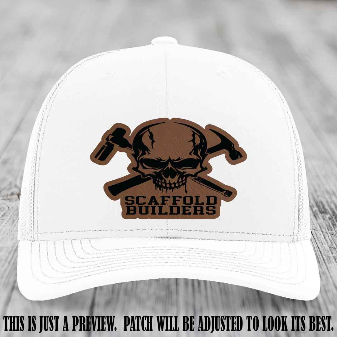 Scaffold Builders Dark Brown to Black Patch on White Hat - Custom Richardson 112 Leather Patch Hat