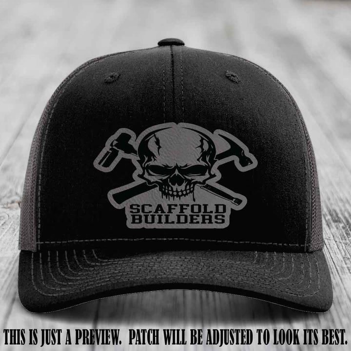 Scaffold Builders Grey to Black Patch on Black to Charcoal Hat - Custom Richardson 112 Leather Patch Hat