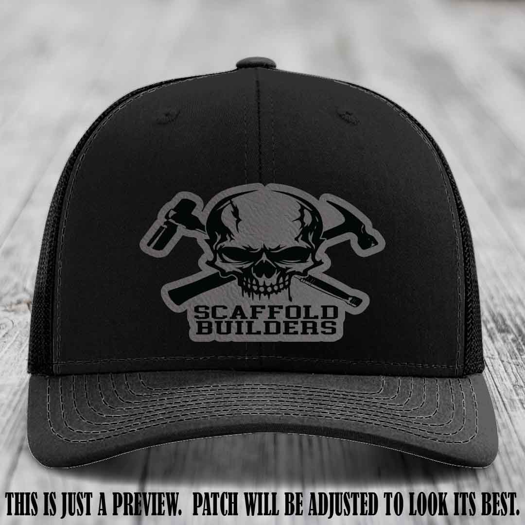 Scaffold Builders Grey to Black Patch on Black Hat - Custom Richardson 112 Leather Patch Hat