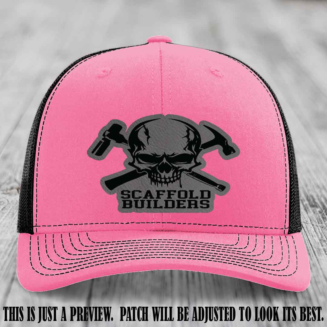 Scaffold Builders Grey to Black Patch on Hot Pink to Black Hat - Custom Richardson 112 Leather Patch Hat
