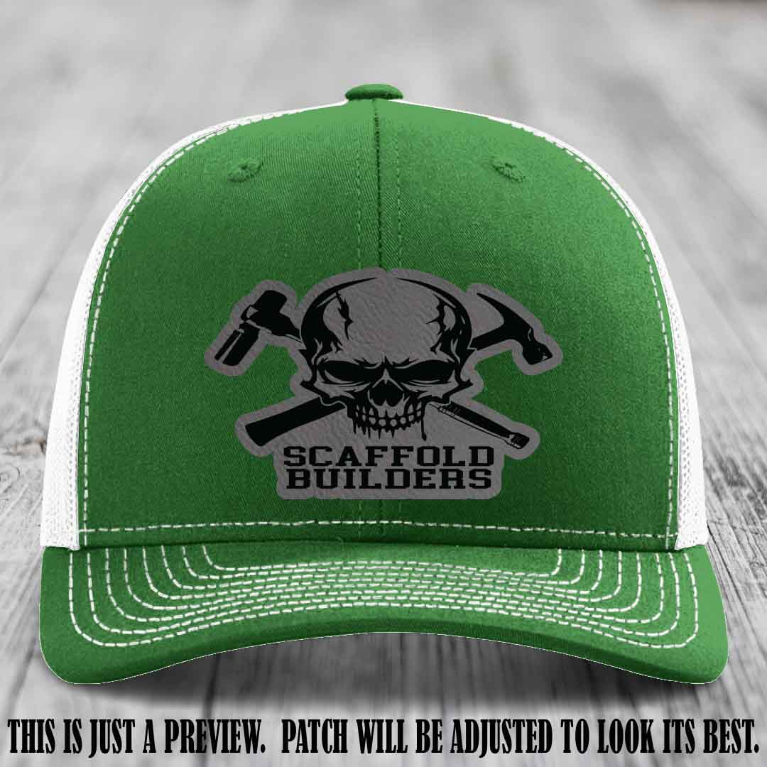 Scaffold Builders Grey to Black Patch on Kelly to White Hat - Custom Richardson 112 Leather Patch Hat