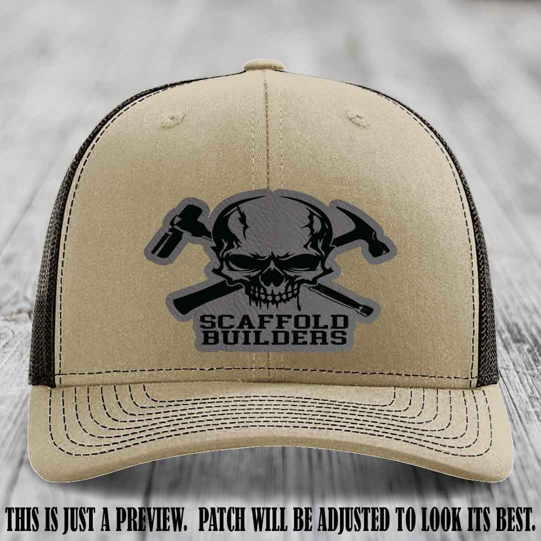 Scaffold Builders Grey to Black Patch on Khaki to Coffee Hat - Custom Richardson 112 Leather Patch Hat