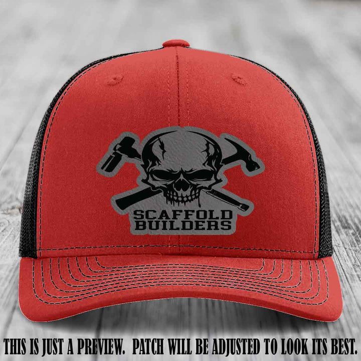 Scaffold Builders Grey to Black Patch on Red to Black Hat - Custom Richardson 112 Leather Patch Hat